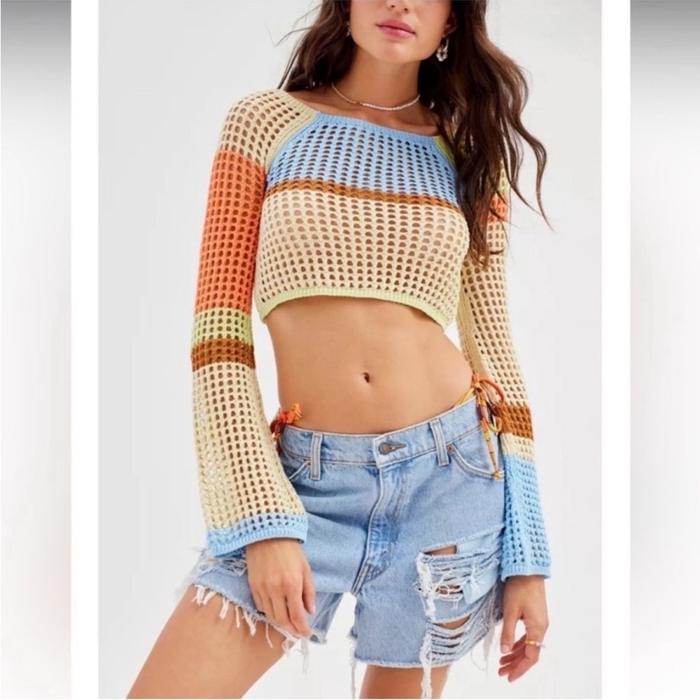 Urban Outfitters Chloe Cropped Open Knit Sweater New Small Cream Blue Green 70s - Picture 4 of 8